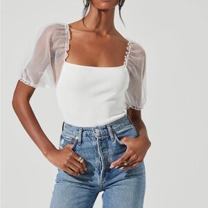 ASTR Bodysuit Darling Sheer Puff Sleeve Blouse, White, XS, never worn